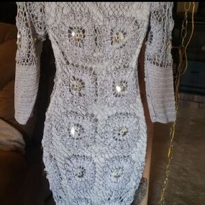 RARE -PROM, WEDDING ETC. Very Elegant Crochet Dress with Silver Sequins